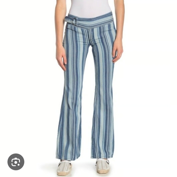 We The Free Denim - 🎀 Free People We The Free Indigo Haze Journey Flare Striped Retro Jeans Sz.31
